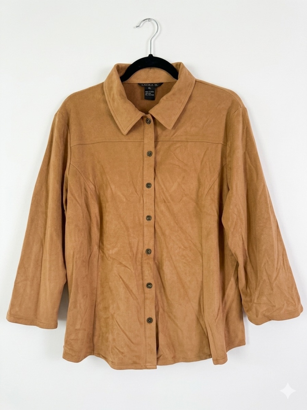 Laura G. Women’s Faux-Suede Button-Up Shacket Collared 3/4 Sleeve Tan XL Western